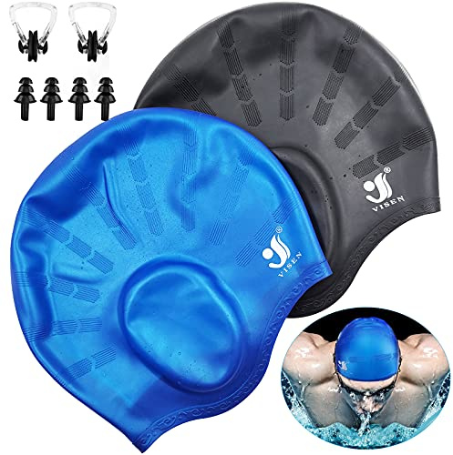 Unisex Swim Caps Ear Protection,2 Pack Silicone Swimming Caps for Short/Long Hair with Ear Plugs&Nose Clip,Waterproof Flexible Swimming Hat for Women Men Adults Kids,Easy to Put On and Off,Black+Blue