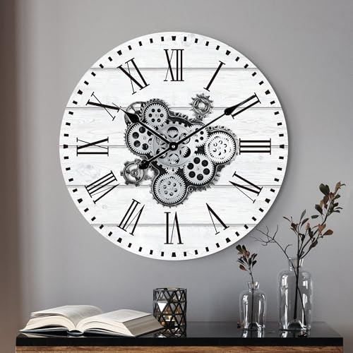 Lafocuse 23 Inch Large Moving Gears Wall Clock, Steampunk Clock with Cogs | Wooden Dial, Big Roman Numerals, Battery Operated, Vintage Wall Gears Clocks for Living Room Home Decor, White
