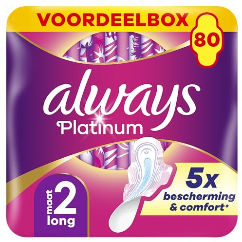 Always Platinum Serviettes Hygiéniques, Taille 2, Long, 80 Serviettes Avec Ailettes, Flux Modérés Jour, Format Eco, Douces et Flexibles, Super Absorbantes et Ultra Fines