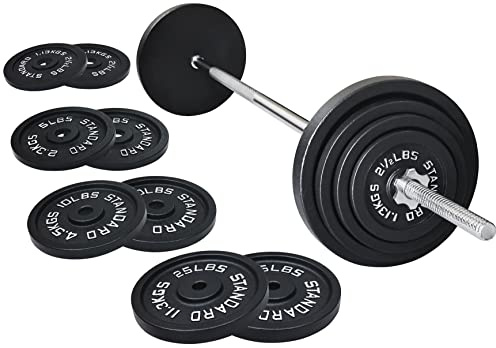 Fitvids Cast Iron Standard Weight Plates Including 5FT Standard Barbell with Star Locks, 95-Pound Set (85 Pounds Plates + 10 Pounds Barbell), Multiple Packages, Style #1