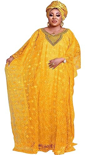 HD Robe Caftan Africaine en Dentelle brodée avec col en V pour Femme, avec Bandeau Assorti, Taille Unique, Taille Unique
