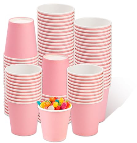 BUOKKON Paquete de 100 vasos de papel rosa de 3 onzas para baño, vasos de papel desechables para enjuague bucal para bebidas calientes y frías, suministros de fiesta, picnics, viajes, oficina