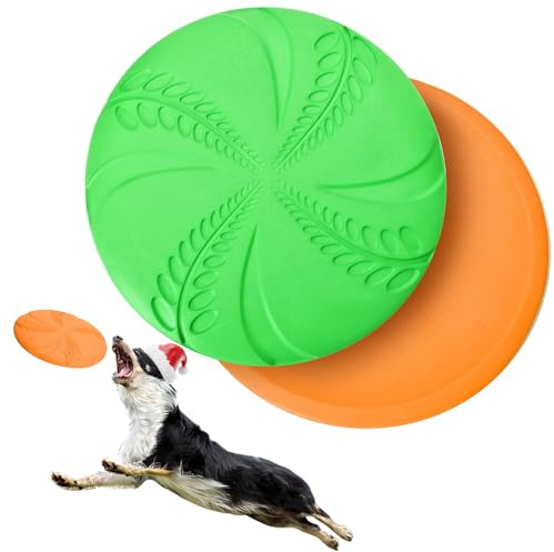 Nobleza 2 Pack Dog Flying Disc, 8in Interactive Flyer Dog Toys for Small Medium Large Dogs to Fetch, Durable Outdoor Dog Disc Toy for Long-Distance Flies and Floats on Water, Orange & Green