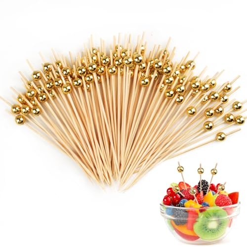 100 Stück Zahnstocher, Cocktail Zubehör, Holzspieße, Cocktailspieße Deko, Spieße Fingerfood, Zahnstocher Holz, Buffet Zubehör, Spiesse für Snacks Fingerfood Partys (Goldene Perlen)