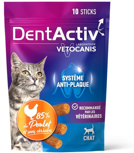 Vetocanis - Dentactiv - Stick Dentaire - Friandises pour Chat Gourmandes - Hygiène et Santé du Chat - Riche en Viande - 85% de Poulet - Système Anti-Plaque