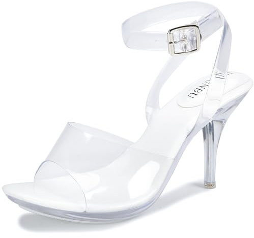 NBUUNBU Clear Heels For Women Transparent Strappy Platform Sandals Ankle Strap High kitten Heel Sexy Slingback Stiletto Comfortable Dress Shoes Open Toe Slip On Mules Pump