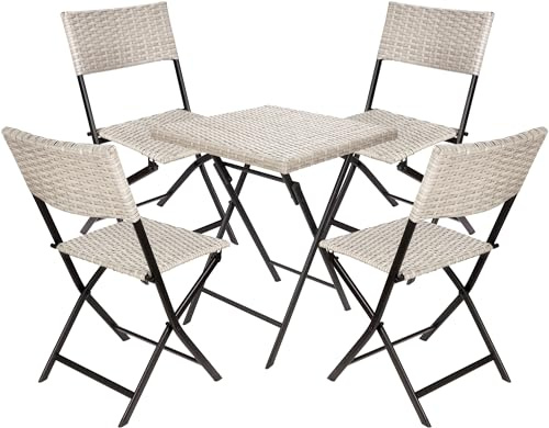 BRUBAKER Set de Balcon Lugano avec Table et 4 Chaises - Imperméable Pliable et Peu Encombrant - Set de Meubles de Balcon en Poly Rotin - Ensemble de Sièges pour Balcon Terrasse Jardin - Gris Beige