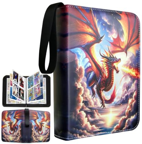 Fweel Trading Card Binder, 4-Pocket Card Album Holds 400 Cards, PU Leather Zippered Card Organizer with Wrist Strap, Portable TCG Sports Game Card Storage Case(Fire Dragon)