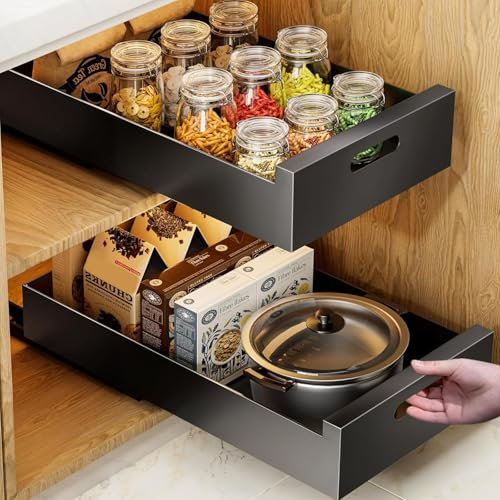 LOPYXBR 2 Stück Teleskopschublade, 25 B x 43 T x 6 H cm Ausziehbare Schublade Küche, Ausziehbarer Schrank Organizer Teleskop Schublade für Küchenschränke mit Klebefolie Kein Bohren
