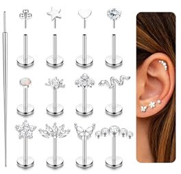 JeweBella 12 Stück Nasenpiercing Stecker für Damen Chirurgenstahl Einstecken Flache Ohrringe Stern Herz Schlange Gewindelose Nasenstecker 20G Labret Lippenpiercing Tragus Conch Helix Piercings