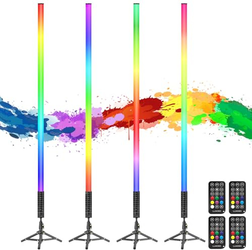 4Stück LED Video Lichtstab 120cm Mit ausziehbarem Stativ,LED Handheld Fotografie Lichtdimmbar und Speicher,Eingebauter Akku 5000mAh,Fernbedienung,RGB-Fotolampe für Spiel-Streaming,Foto-Beleuchtung