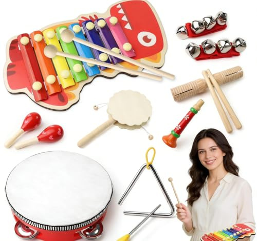 10Pezzi Strumenti a Percussione Bambini Piccoli Boho Set, Giocattoli Musicali in Legno Sensoriali Neutri, Giocattoli Ritmici con Xilofono Tamburelli Tamburo per Maschi Femmine