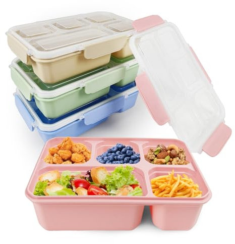 greenandlife 4 Stück Snackbox mit Fächern, 5 Fächer Bento Snackbox, Lunchbox für Kinder und Erwachsene, frühstücksbox, Jausenbox, Meal Prep Boxen, Brotbox für Schule, Arbeit und Reisen