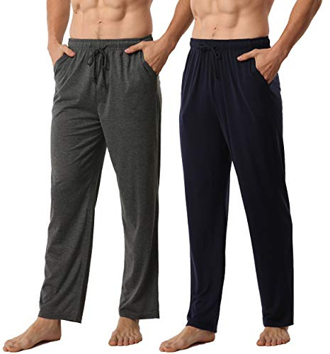 BEGIANT 2-pack pyjamasbyxor herr långa mjuka lätta stickade pyjamasbyxor sovbyxor fritidsbyxor med fickor och dragsko elastisk linning