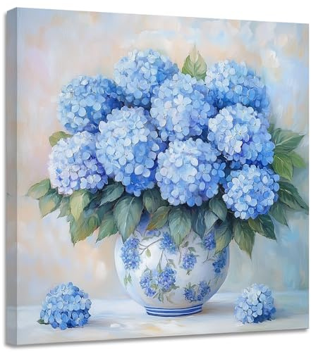 CGXLB Blue Flower Wall Art Rustic Hydrangea Wall Decor Chinese Porcelain Vase Pictures Floral Canvas Prints Paintings Hydrangea Poster for Bathroom Bedroom Living Room Dining Room 12x12