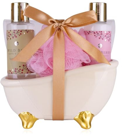 Accentra - Set doccia da donna Wild Berry in vasca da bagno in ceramica, regalo con gel doccia, lozione per il corpo e spugna a rete, set da 3 pezzi per donne e ragazze