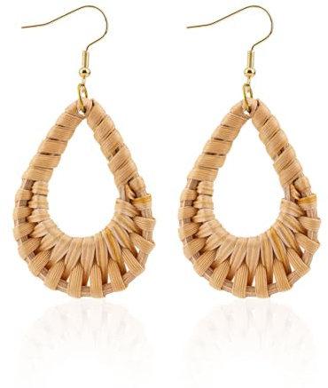Mikovivi Boucles d'Oreilles, Créoles Bohèmes en Rotin Tissé à la Main pour Femmes Bijoux Bohèmes Légers pour l'Été et la Plage Boucles d'Oreilles Pendantes Géométriques Élégantes