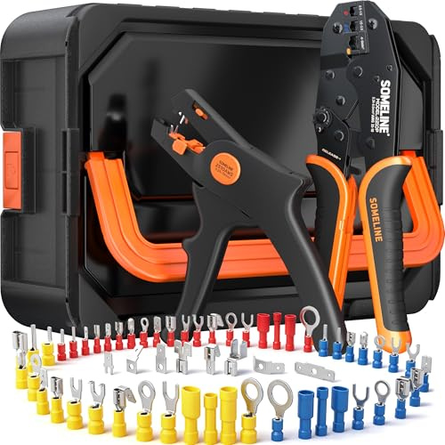 SOMELINE Crimpzange Kabelschuhe Set, 59 Arten [0,34–6 mm²] Isolierte Kabelschuhe, inkl. Kabelschuhzange & automatischer Abisolierzange – Kabelschuhe Set – Crimpzange Set