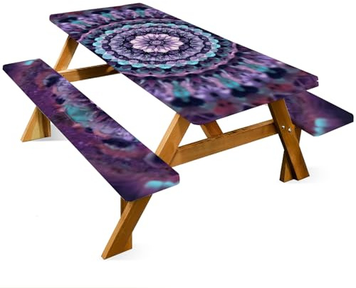 ANNA QUEEN Mandala Picnic Table Cover Set, 6FT Boho Purple Waterproof Tablecloth & Bench Covers 3PCS 72x30 for Camping Garden Patio Festivals Retreats