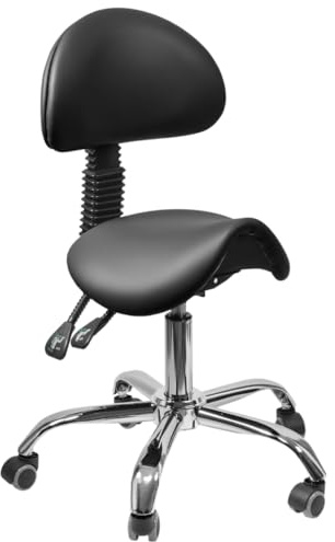 Spacetronik Sgabello a Sella Ergonomico con Schienale Regolabile, Seduta Girevole a 360°, Altezza Regolabile 42–64 cm, Sedia da Lavoro con Base in Metallo e 5 Ruote Silenziose