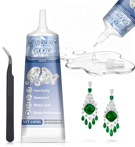 Colla per Strass su Tessuti, Colla per Bigiotteria, Colla Multiuso Gioielli, Adesivo Forte, Trasparente Senza Residui, Adatto per la Riparazione Gioielli Progetti Fai da te, 100ml