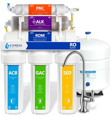 Express Water ROALK5D 10-Stage Alkaline Under Sink Reverse Osmosis Water Filter System, NSF Certified 372, 50 GPD, Reduces 99% of Impurities, BPA Free, Deluxe Chrome Faucet