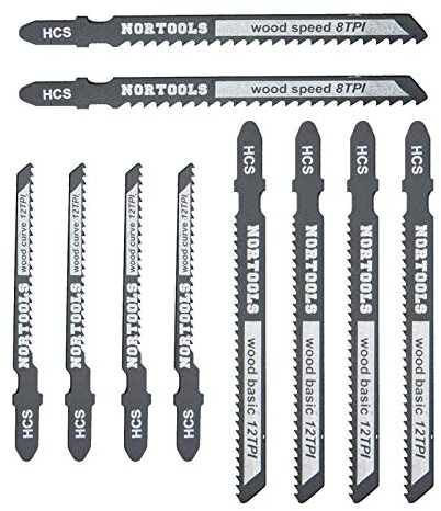 NORTOOLS Jigsaw Blade Set for Wood 10 PCS T-Shank HCS Fast & Clean Woodworking Cuter for Softwood Plywood Chipboard Adapted to Black&Decker Bosch DEWALT Makita Multi Saw T119B/T119BO/T111C