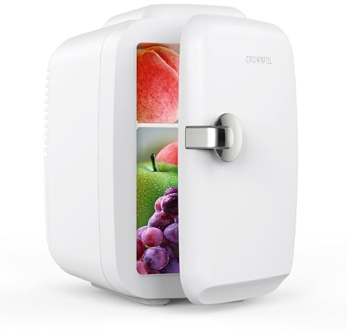 CROWNFUL Mini Fridge, 4 Liter/6 Can Portable Cooler and Warmer Personal Refrigerator for Skin Care, Cosmetics, Beverage, Food,Great for Bedroom, Office, Car, Dorm, ETL Listed (White)