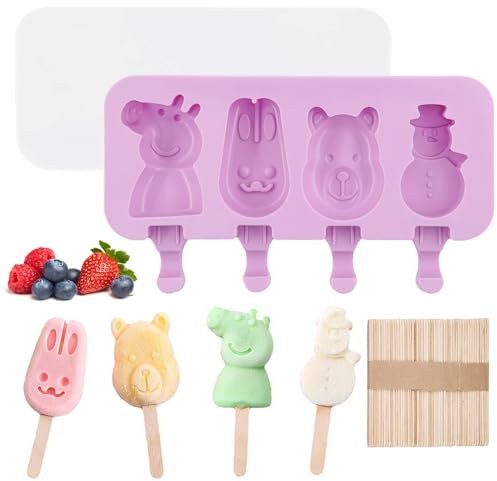 Stampi per Ghiaccioli,Stampi per Gelati Stampi per Gelato in Silicone Ghiaccioli Stampo 4 Cavità Formine Riutilizzabili con Coperchio e 50 Bastoncini, per Stecco al Cioccolato, Sorbetti, Budino