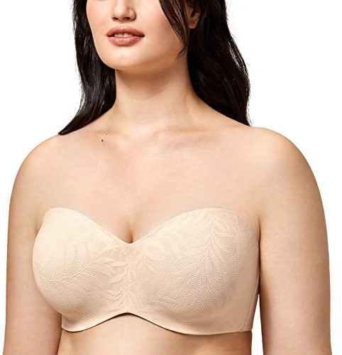 AISILIN Women's Strapless Bra for Big Bust Minimizer Unlined Underwire Plus Size Lace Bandeau Beige 38DD
