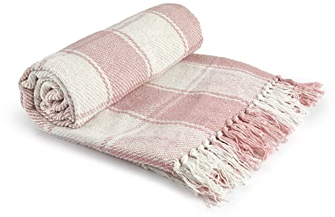 Emma Barclay Frisco - Recycled Cotton Traditional Check Chair Sofa Setee Throw Over Blanket in Blush Pink - 50x60 (127x152cm)