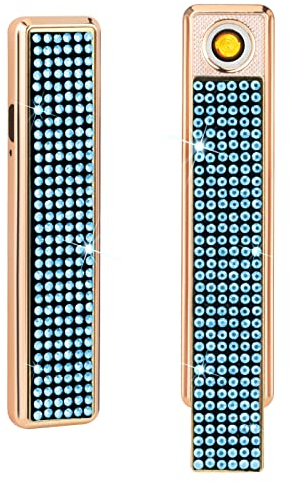 Briquet électronique en strass - Coupe-vent - Sans flamme - Rechargeable par USB - Pour la maison, la cuisine, le champagne - Bleu