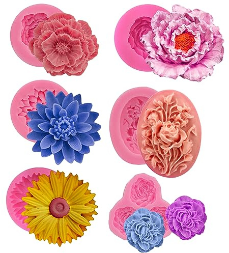 6 Pack Flower Mold: Peony, Rose, Sunflower Resin Casting Molds for Candle Making, Home Decor, 3D Animal Silicone Molds