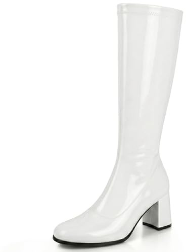 AYZAL Women’s Ladies Fancy Dress 1960'S 70'S Knee high Go Go Boots Retro Block Heel Girls boots (White, UK Footwear Size System, Adult, Women, Numeric, Medium, 6)