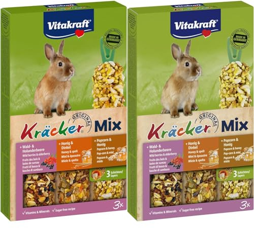 Vitakraft Kräcker Trio, Nagersnack, für Zwergkaninchen, mit Waldbeere, mit Honig, mit Popcorn (1x 3 Stück) (Packung mit 2)