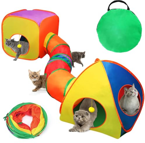 Mfsdai 3 in 1 Cat Tunnel Indoor Enclosure Playpen,Foldable Pop up Cats Cubes with Storage Bag, Interactive Cat Play and Hides Toy for Kitten Rabbit Bunny Ferret(Rainbow)