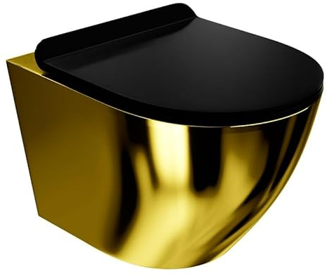 LAVITA Wand-WC Sofi Slim Gold/Black Hänge Toilette WC Sitz Colordeckel mit Absenkautomatik & Metallscharniere Color Spülrandlos Hängend Colorbecken 365x490x395 mm Schwarz/Gold