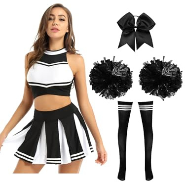 Hedmy Femme Uniforme Pom Pom Girl Robe De Cheerleading Costume Pom-pom Girl Crop Top Débardeur Jupe Pompon Tenue Halloween Carnaval Noir A S