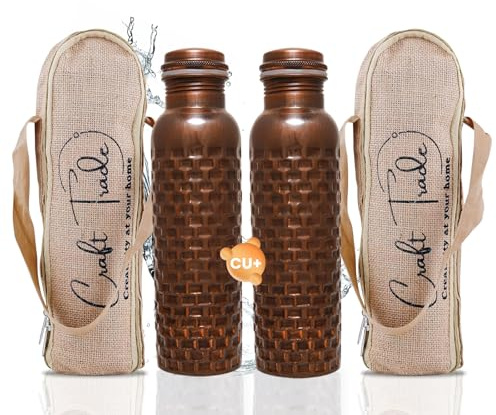 Craft Trade Set of 2 Diamond Copper Bottle with Lid and Carry Bag for Drinking Water BPA Free Leak Proof Boosts Immunity, Supports Digestive & Liver Health, Ayurveda Inspired 34oz - 1 Litre Black