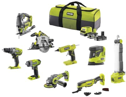 RYOBI - Pack 9 Outils 18V ONE+ : Perceuse, Visseuse à chocs, Meuleuse, Multi-Tools, Pistolet à Colle, Scie Circulaire, Scie Sauteuse, Lampe, Ponceuse + 2 Batteries et Chargeur - R18CK9B-252SLZ