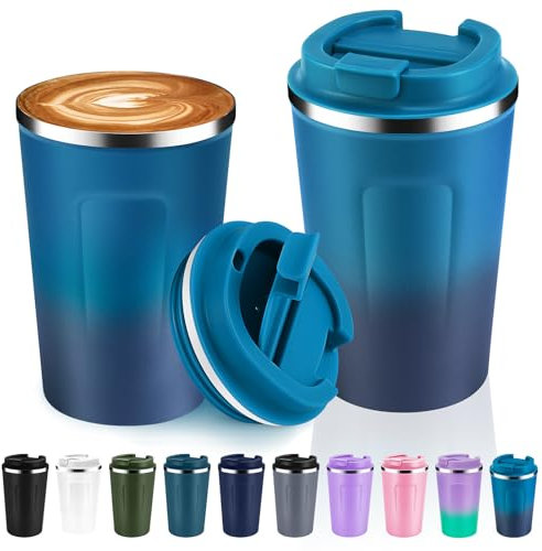 Volhoply 360 ml Doppelwandige Isolierte Vakuum-Reise Thermobecher mit Klappdeckel (2er-Pack),Edelstahl kaffeetasse,Tragbarer Isolierbecher für Kalte & Heiße Getränke (Dunkle Nacht,2 Sets)