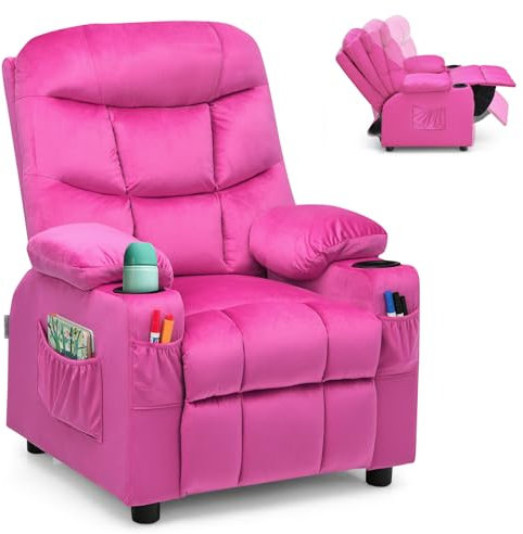 GYMAX Kids Sofa Chair, Velvet Children Recliner Armchair with Adjustable Backrest & Footrest, Padded Headrest & Armrest and Cup Holders, Upholstered Toddler Lounge Chair for Boys Girls (Pink)