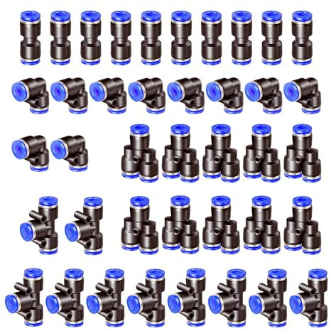 HUAZIZ 40 pcs Bleu Raccords Rapides pneumatiques, Raccords Rapides Pneumatiques Tuyau Pneumatique Connecteur 4 Formes, Droits Type/Coudés Type/Y Type/T Type/Combo Connecteur Pneumatique(8mm)
