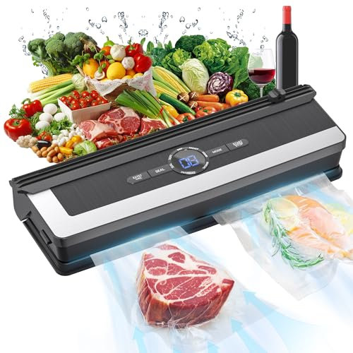 Fey Vakuumiergerät, Leistungsstarker Automatischer Vakuumierer mit Cutter 85KPA, Abpumpbar, Mit 5 Vakuumbeuteln, Lebensmittel bleiben 6 mal länger frisch, Sehr gut geeignet für Heimküche und Camping
