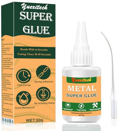 Yuxitech Super Glue for Metal, 50g – Transparent, Fast-Drying, Heat Resistant & Waterproof Metal to Metal Glue for Steel, Zinc, Aluminum, and More