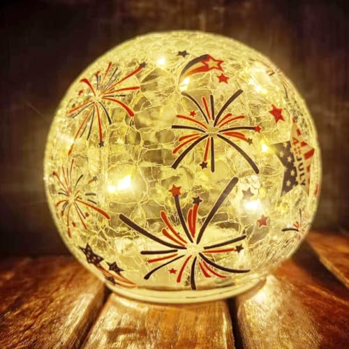 4th of July Patriotic Light Ball Glass Globe Light Led for Independence Day Party Decorations Garden Tabletop Floor Indoor Outdoor Lamp with Flag Star Fireworks Decals Blue Red White Accessory Decor