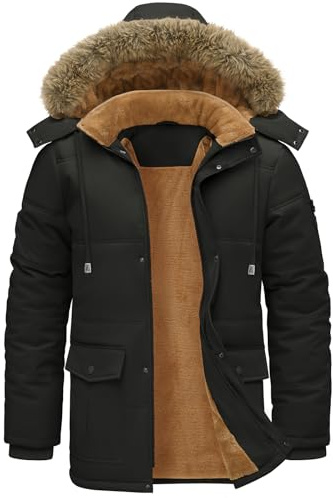 Lonya Mens Winter Coat Warm Water-repellent Fleece Lined Ski Jacket Thermal Outdoor Windproof Parka with Detachable Hood Black,XXL