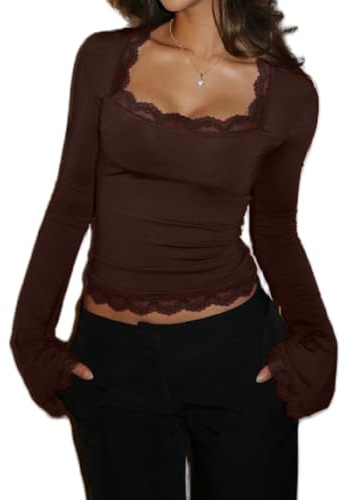 NJWTSDTZ Women Bell Long Sleeve Shirt Tops Y2k Square Neck Lace Trim Crop Shirts Trendy Slim Fit Fall Going Out Blouse(Brown,Small)