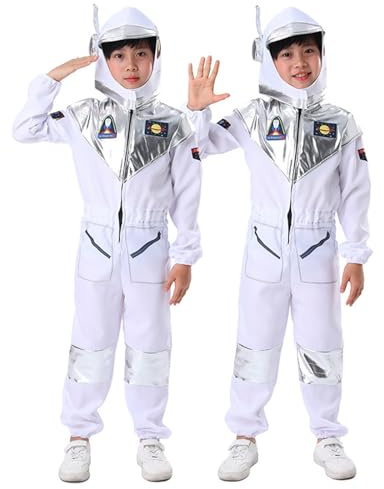 Disfraz Astronauta Niño Traje Espacial con Plateado Mono con Cremallera con Gorro Disfraces de Piloto de La Nasa para Niños Regalo para Niño Niña Pequeños 3-12 Años para Fiesta Carnaval Halloween