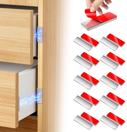 PHIXBEAR Magnetic Door Catch, 10 Pack No Drilling Ultra Thin Cabinet Door Magnets for Closure, Strong Adhesive Drawer Magnet to Stay Closed, Stainless Steel Cabinet Latch